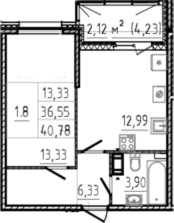 1-комнатная квартира 36.55 м², 14/14 эт., ЖК «Чёрная речка»